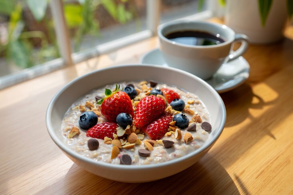 bol d'overnight porridge avec fruits frais et pépites de chocolat