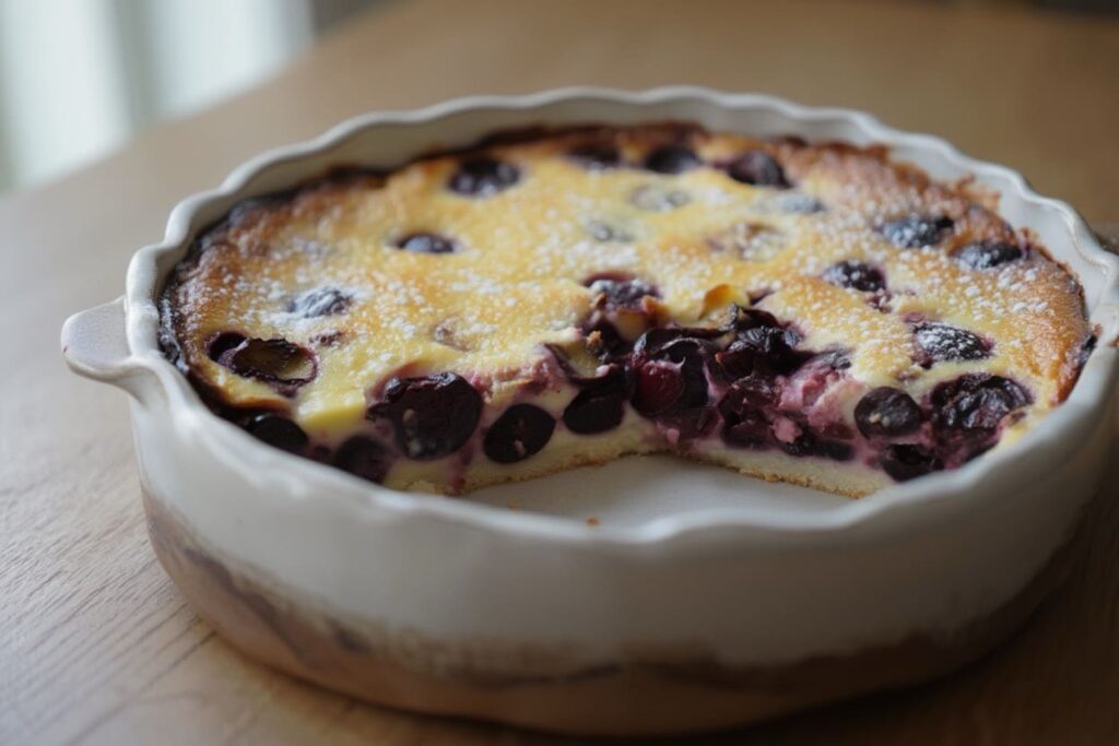 clafouflan aux cerises dans un grand plat